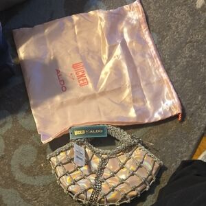Aldo Iridescent Pink and Silver Beaded Clutch Also Has Crossbody Chai